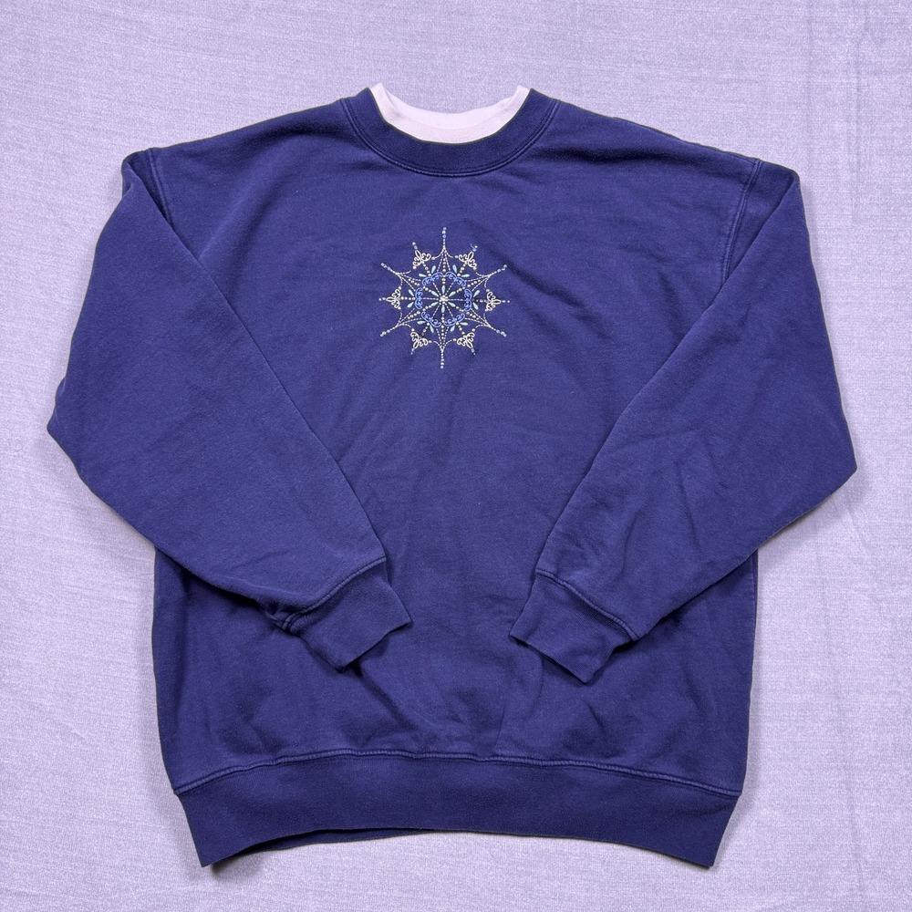 MC Sportswear‎ Womens Navy Blue Snowflake Embroidered Sweatshirt Crew Neck Large